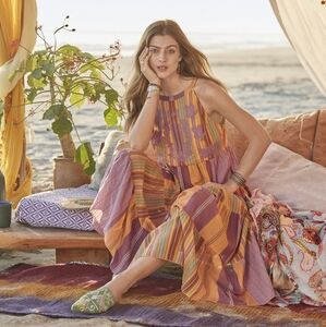 A45 Cotton Orange Stripe Purple Green Sleeveless Yellow Dress Sundance